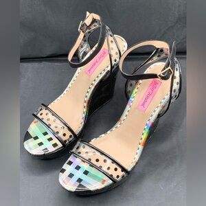 Betsey Johnson Charissa Clear Straps HIgh Platform Wedge Sandal Black 9M